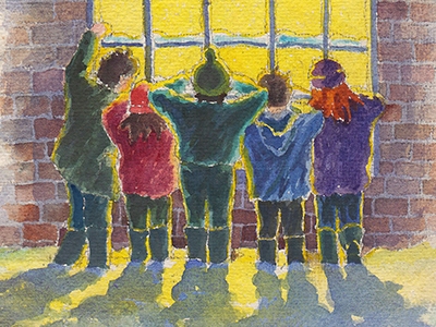 Children at Window Christmas Illustration
